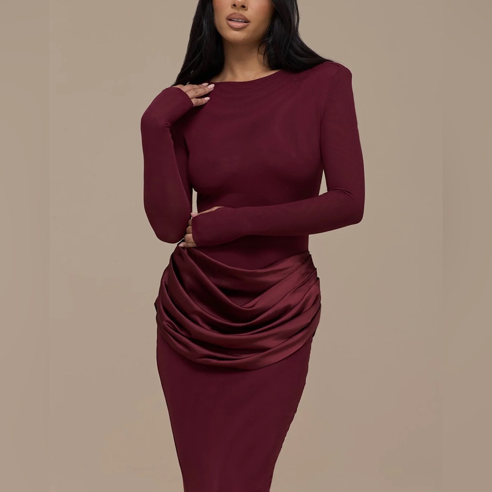 ASOS - Wanderdoll burgundy long sleeve Eman dress mesh maxi dress draped waist - Picture 6 of 14